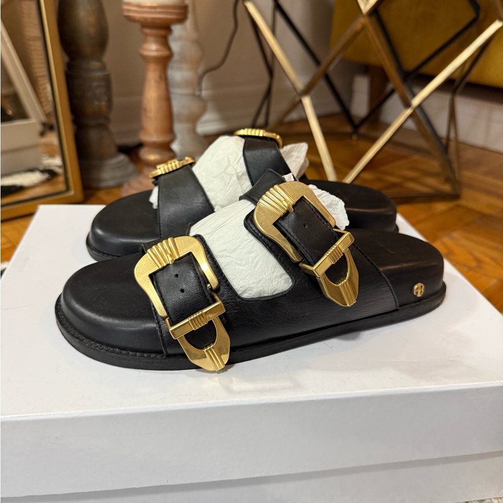 Anine Bing Black Sandals with Gold Buckles